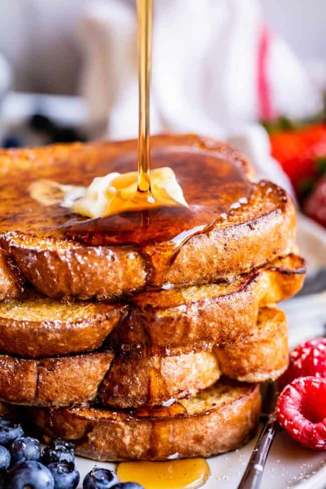 French toast recipe, stacked with a syrup drizzle