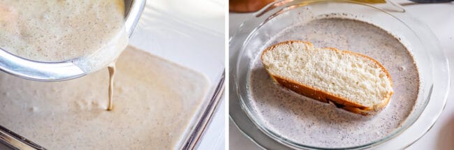 pouring egg mixture into a pie dish and soaking challah bread.