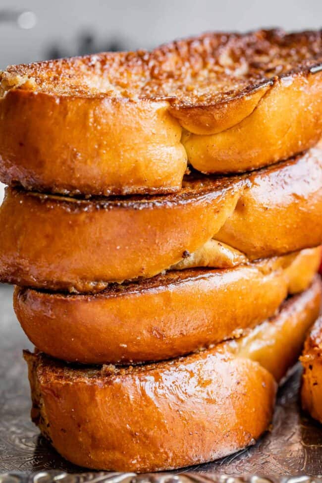 stack of thick slice french toast made with challah bread.