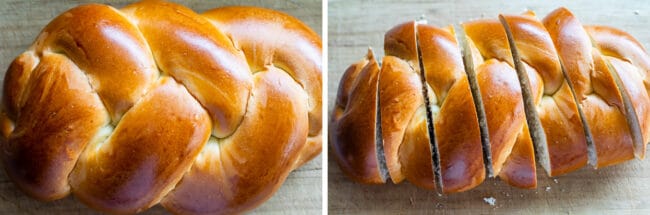 challah sliced thick on a cutting board for French toast.