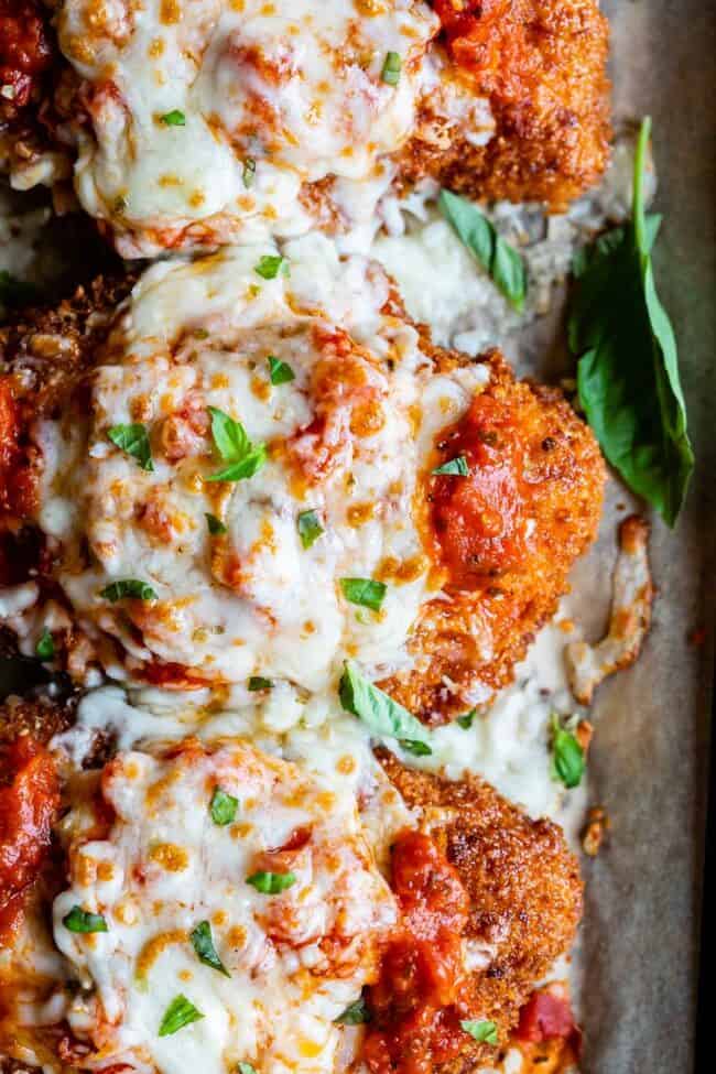 best chicken parmesan recipe on a pan shot from overhead
