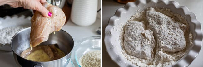 dipping chicken cutlets in egg mixture and coating in flour for chicken parmesan