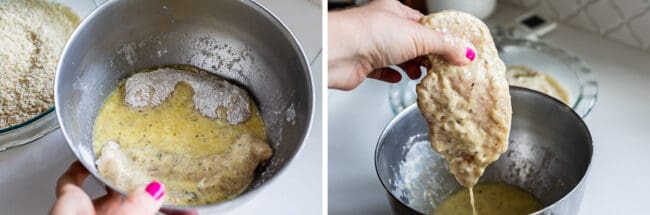 recoating floured chicken in egg mixture. egg dripping off of chicken.