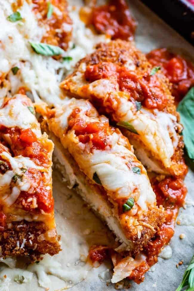 classic chicken parmesan sliced into strips