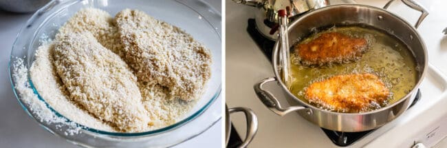 coating chicken cutlets in panko breadcrumbs; frying breaded chicken in oil