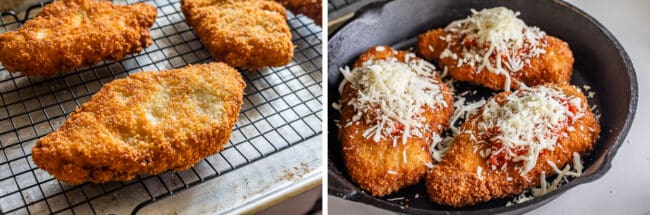 crispy chicken on a wire rack; chicken parmesan ready to go in the oven