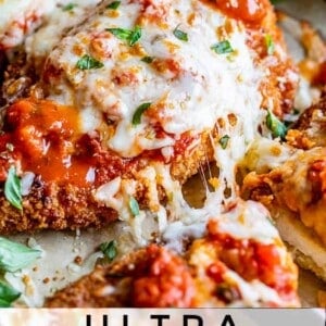 chicken parmesan recipe on a pan with cheese stretch