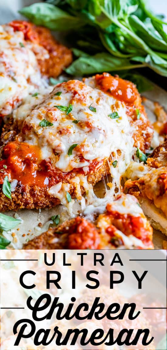 chicken parmesan recipe on a pan with cheese stretch