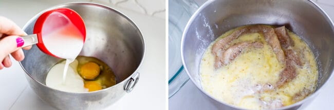 combining buttermilk and eggs for marinating chicken; chicken marinating in a bowl