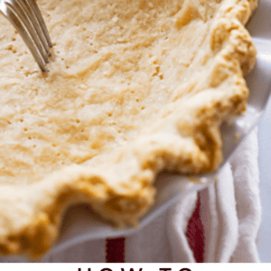 A golden, baked pie crust in a white dish shows fork marks on the bottom. Text overlay reads: How to Blind Bake Pie Crust. The Food Charlatan.