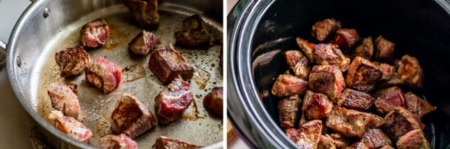 searing stew meat (beef) in a pan, seared beef in a crock pot.