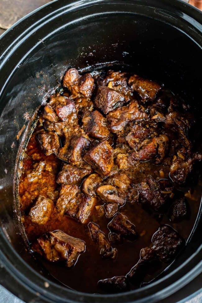 crock pot beef stroganoff shot from overhead, in the crockpot.