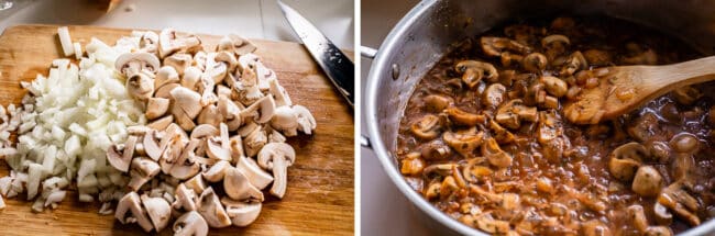 chopped onions and sliced mushrooms on a cutting board, then cooking in a sauce with a wooden spoon. 