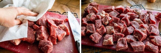 raw beef, chopped and ready to sear; adding salt and pepper to chopped beef.