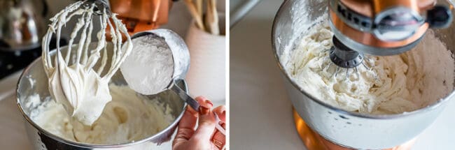 adding powdered sugar to frosting in a stand mixer