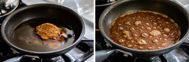 Gewürze in Öl in einer kleinen Pfanne rösten