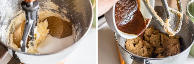 creaming butter and sugar, adding toasted spices and oil to the batter.