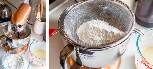 sifting flour for spice cake, dry and wet ingredients ready to be mixed in