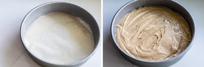 lining a cake pan with parchment paper, spice cake batter in a pan