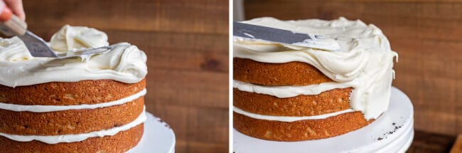 Frigorando um bolo de 3 camadas de especiarias com cobertura de cream cheese