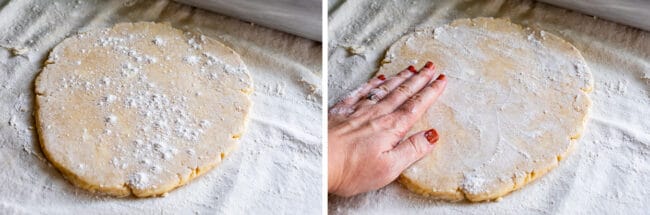 sprinkling flour on pie dough to roll out.