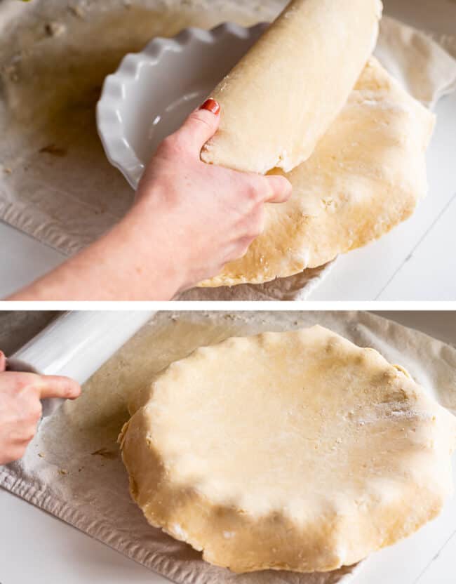 placing a pie crust dough in a pie plate using a rolling pin.