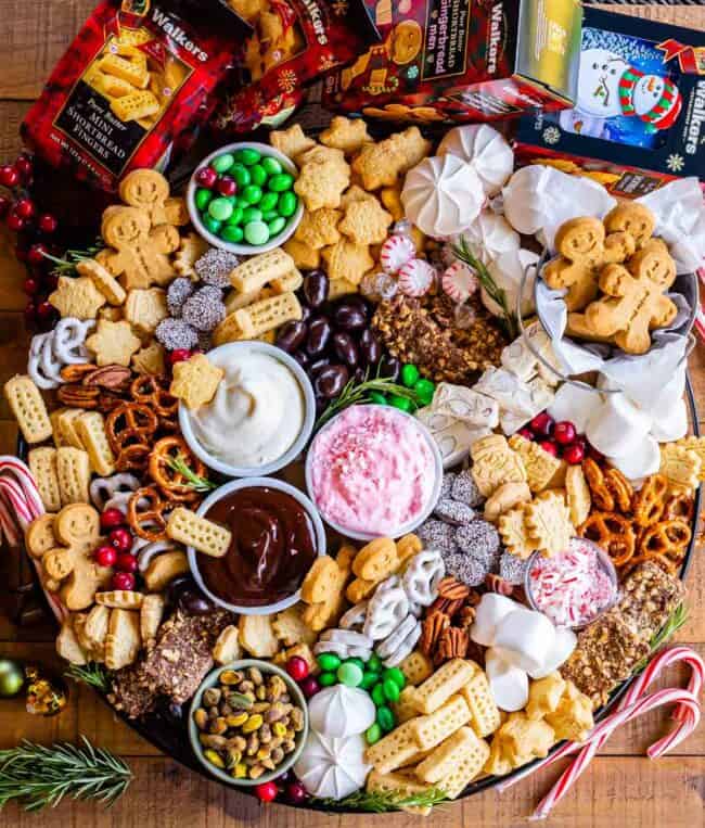 dessert charcuterie board with shortbread and dips.