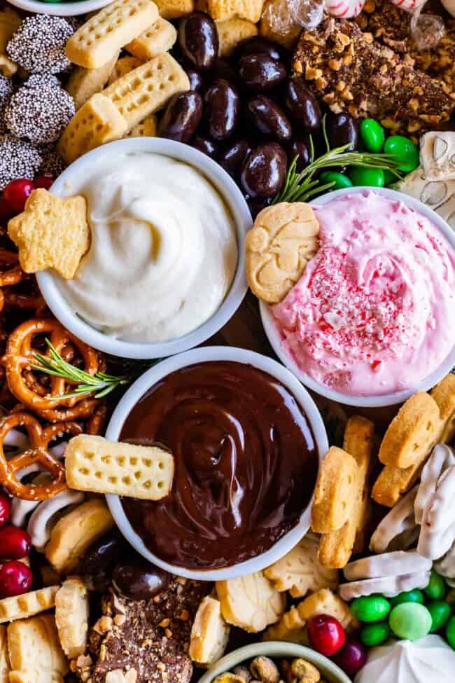 overhead shot of sweet dips on a Christmas themed dessert platter