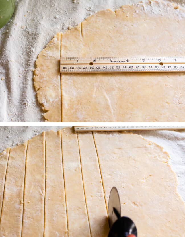 cutting strips of pie dough to make a lattice crust