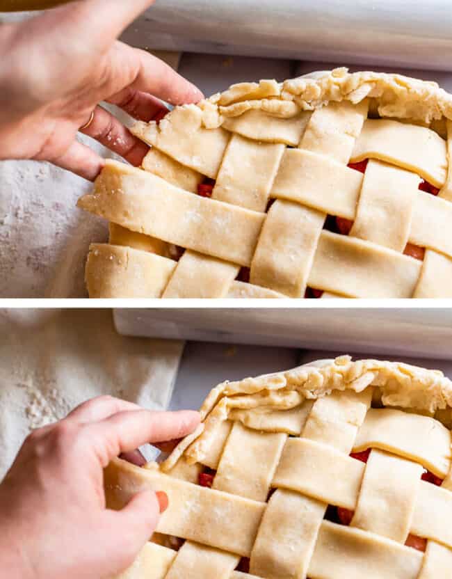 folding the edges of the pie dough up and over the edge to create a crust