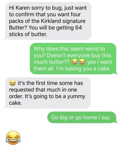 text conversation about ordering butter from Costco. 