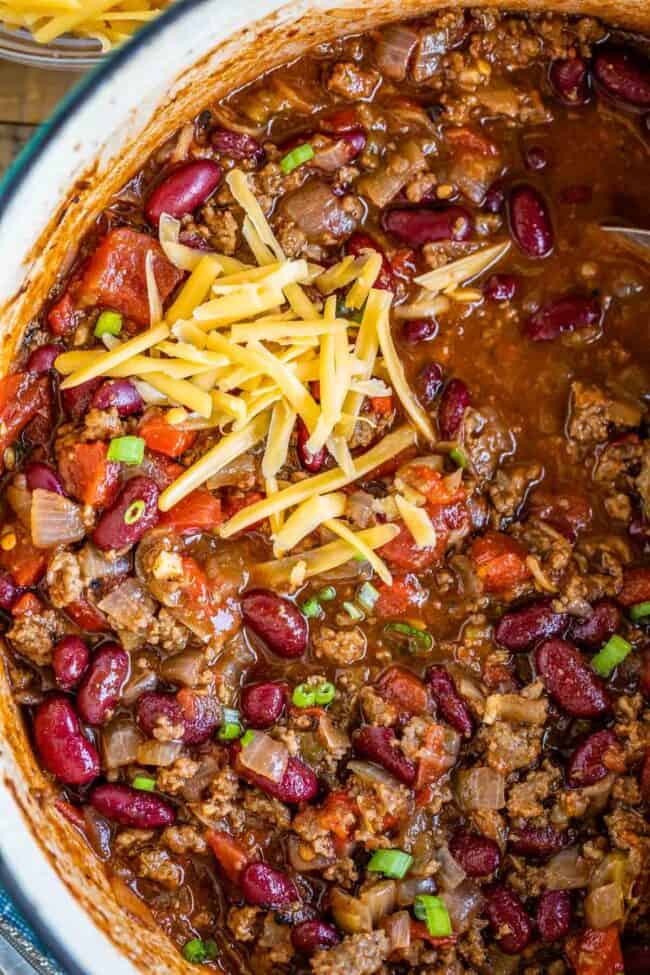 basic chili recipe with cheddar cheese, shot from overhead