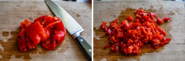 chopping roasted red pepper on a cutting board