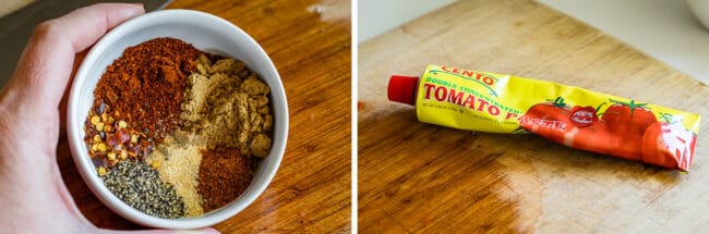 bowl of spices for chili, tomato paste in a tube