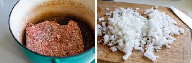 ground beef in a pot, chopped onions; ingredients for chili 