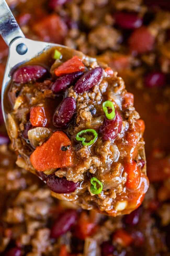 meaty chili recipe on a spoon