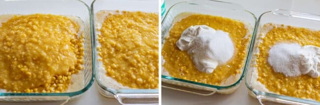 corn and sour cream and butter in a casserole dish for corn casserole recipe