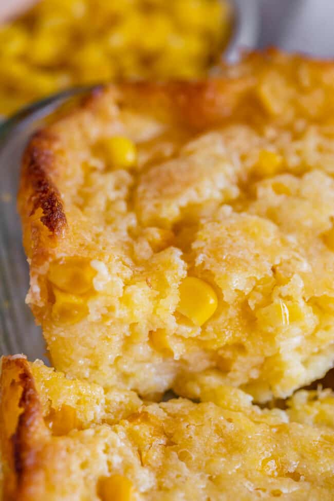 jiffy cornbread casserole recipe being lifted from the pan.
