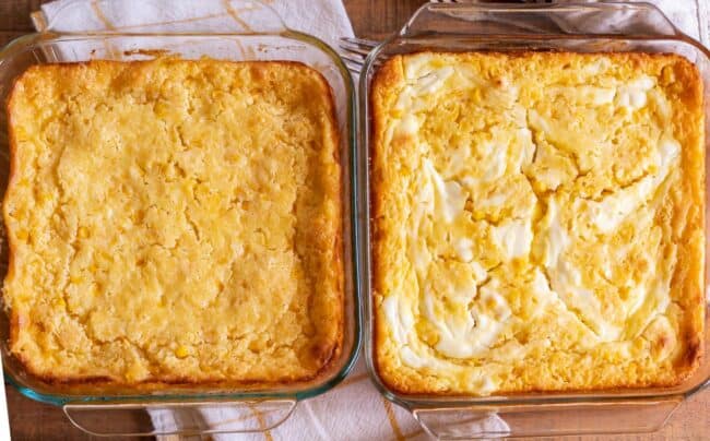 two different kinds of jiffy corn casserole, one with swirled sour cream on top.