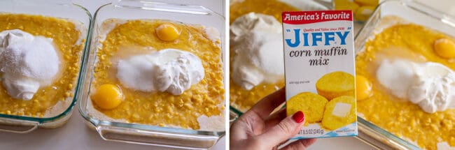 eggs, corn, butter, sour cream in a pan, and a box of jiffy cornbread mix