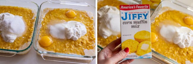 jajka, kukurydza, masło, kwaśna śmietana na patelni i pudełko mieszanki jiffy cornbread mix