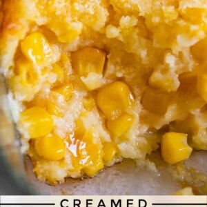 creamed corn casserole in a pan with corn kernels