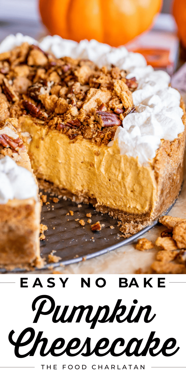 no bake pumpkin cheesecake with whipped cream and pecan topping.