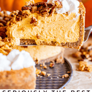 A slice of no-bake pumpkin cheesecake with a graham cracker crust, topped with whipped cream and chopped pecans, is lifted from the whole cheesecake; pumpkins and spices are blurred in the background. Text reads: Seriously Delicious No-Bake Pumpkin Cheesecake.