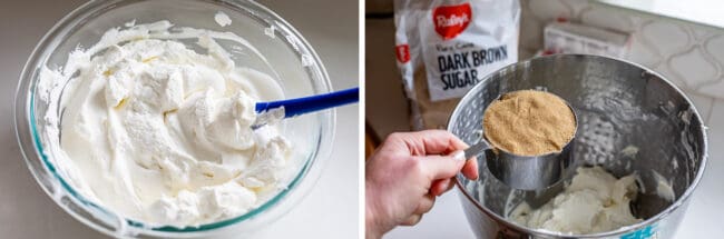 Whipped cream in a bowl, adding brown sugar to a stand mixer.