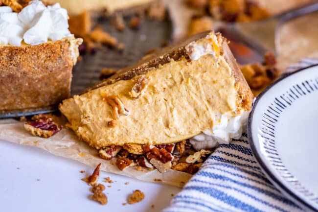 a slice of no bake cheesecake that fell on the table upside down.