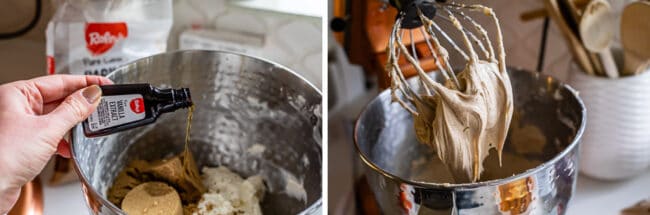 adding vanilla to a stand mixer, beaten cream cheese and brown sugar on a whisk attachment.