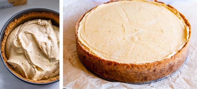 adding filling to cheesecake, chilled cheesecake.