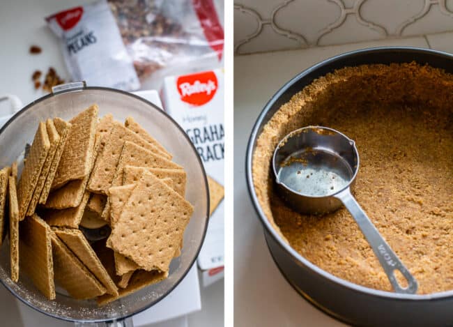 graham crackers in a food processor, and another picture of graham cracker pecan crust