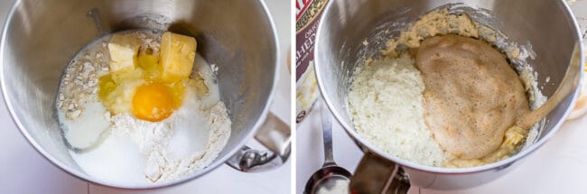 adding egg, shortening, flour, and butter to a bowl to make dinner rolls.